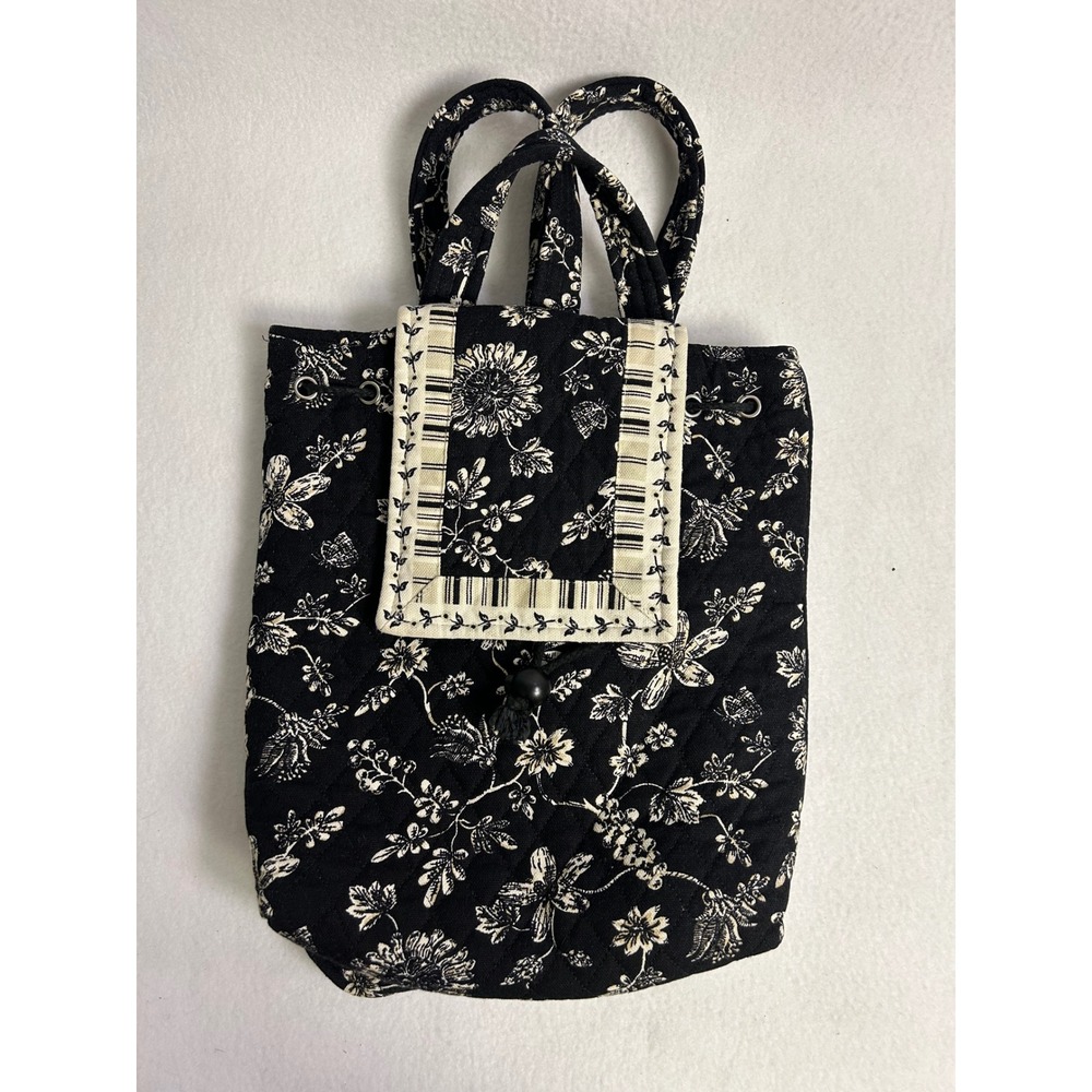 Cottagecore Quacker Factory Womens Small Black Floral Quilted Cotton Backpack